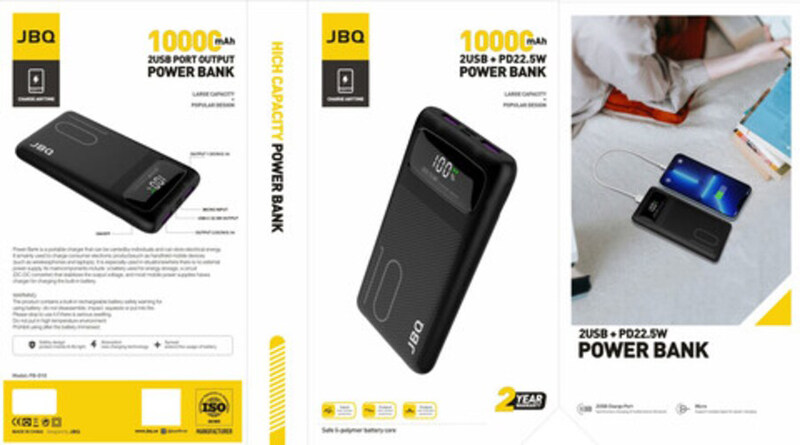 JBQ 10000mAh Fast Charging Power Bank with PD22.5W Dual Port USB and Type-C Input, Black