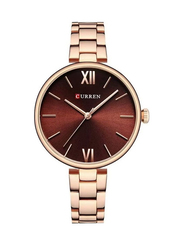 Curren New Quartz Movement Round Dial Analog Watch for Women with Stainless Steel Band, Water Resistant, 9017, Rose Gold-Brown