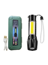 Handheld Rechargeable USB Mini Ultra Brightest Torch Led Flashlight Light with Portable Tiny Lamp with Side Lantern, Black