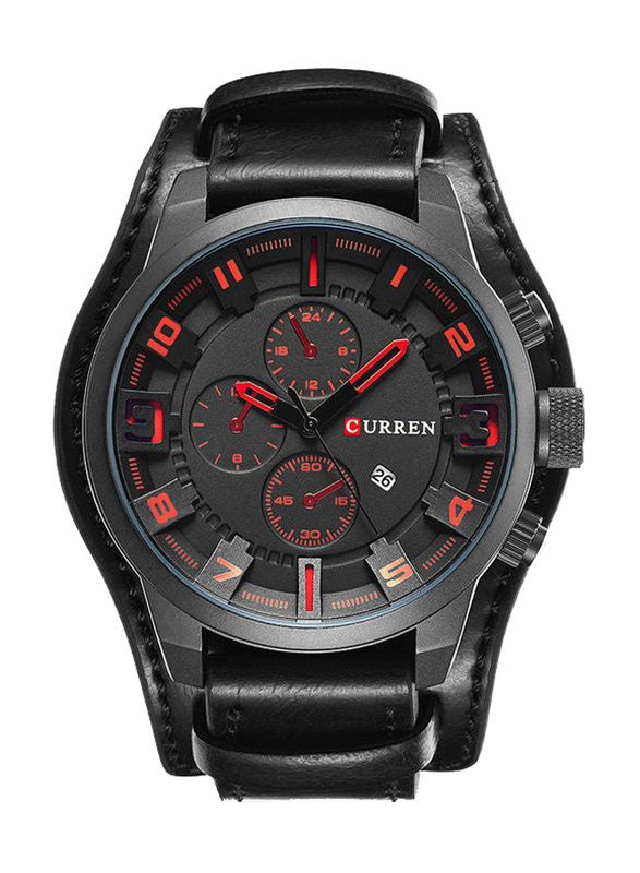 Curren 38mm Stylish Analog Wrist Watch for Men with Leather Strap, Water Resistant, J3745BR-KM, Black-Black