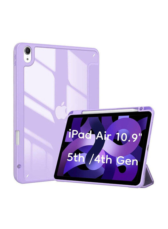 

HYX Apple iPad Air 10.9-inch 5th/4th Generation Transparent Back Shell Trifold Protective Smart Tablet Case Cover With Pencil Holder, Purple