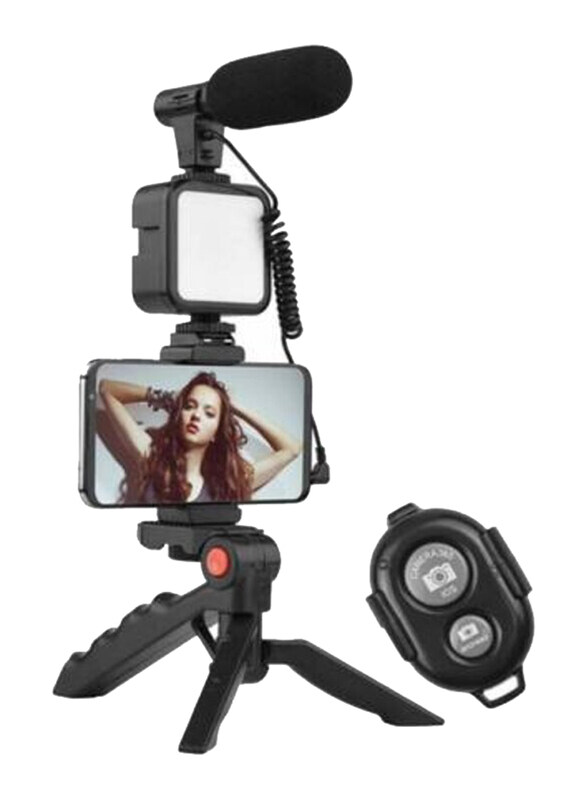 

Generic Smart Phone Vlogging Kit with Microphone, Light & Stand Tripod, Black