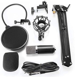 Studio Broadcasting Recording Condenser Microphone & Suspension Scissor Arm Stand With Shock Mount Kit, Black