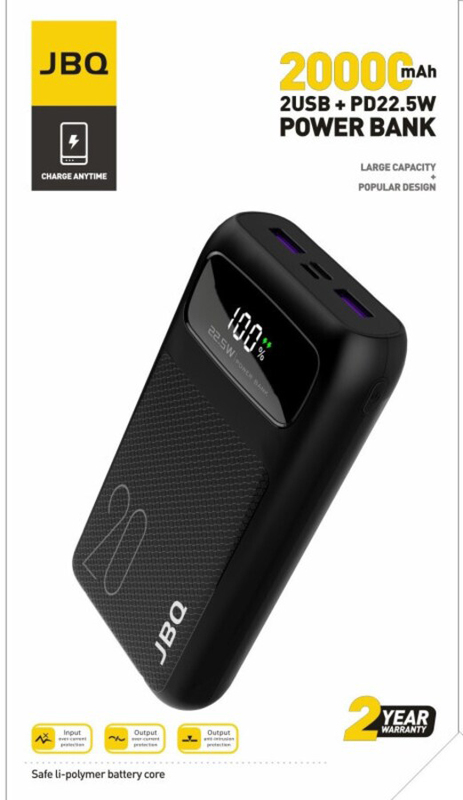 JBQ 20000mAh Fast Charging Power Bank with PD22.5W Dual Port USB and Type-C Input, Black