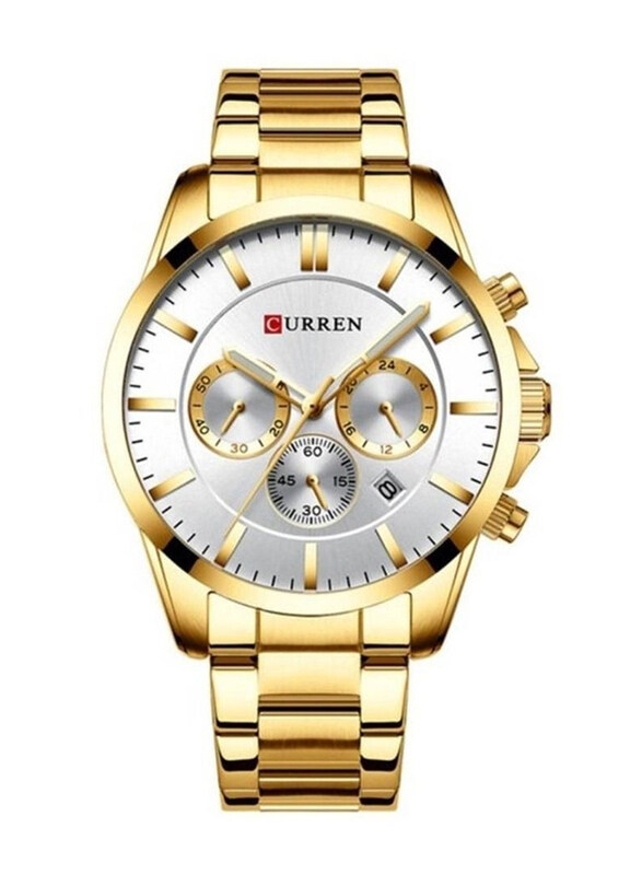 

Curren Analog Watch for Men with Stainless Steel Band, Water Resistant and Chronograph, 8358, Gold-White