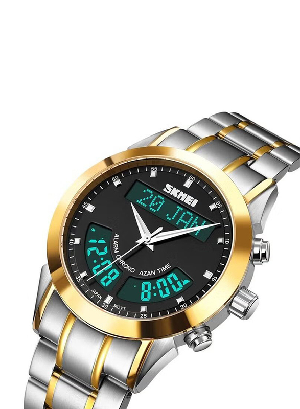 SKMEI Analog + Digital Watch for Men with Stainless Steel Band, Water Resistant, Silver/Gold/Black