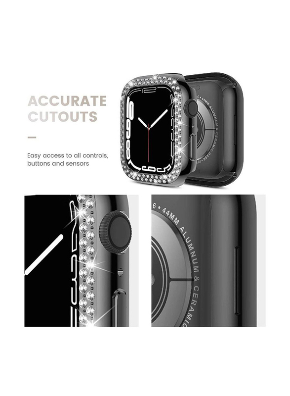Protective PC Bling Crystal Frame Case Cover for Apple Watch Series 7 45mm, 2 Pieces, Clear/Black