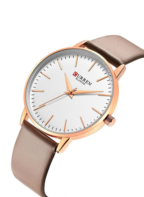 Curren Analog Watch for Women with Leather Band, Water Resistant, C9021L-3, White-Brown