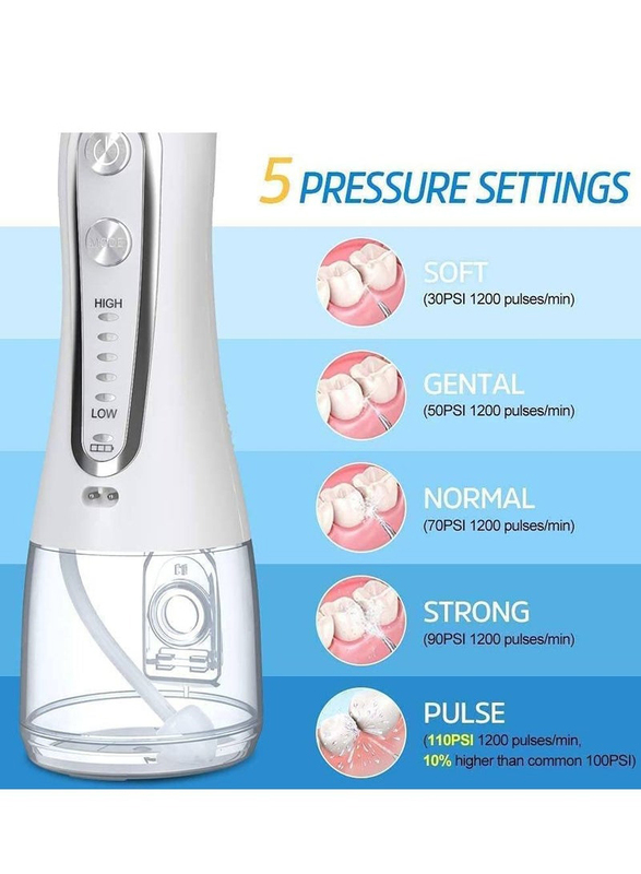 Waterpluse Water Flosser Cordless Oral Irrigator Portable Rechargeable Dental Flossers with 5 Modes & 6 Tips, White