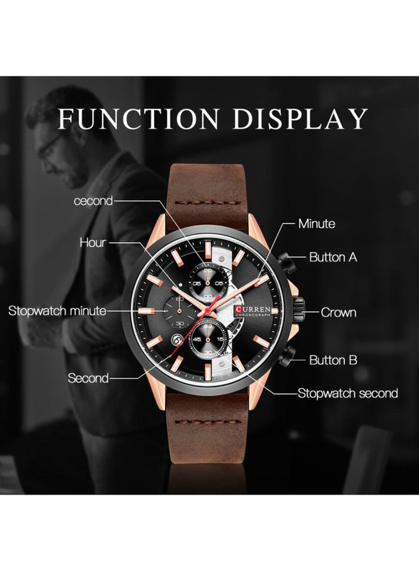 Curren Analog Watch for Men with Leather Band, Water Resistant and Chronograph, 8325, Brown-Black