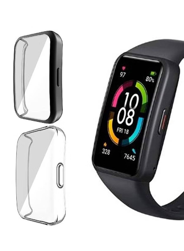 Full Coverage Scratch Proof Bumper Soft TPU Cover for Huawei Band 6/Honor Band 6, 2 Piece, Black/Clear