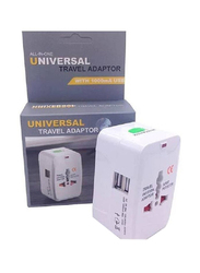 Universal Travel Adapter with Dual-USB Charging Ports, White