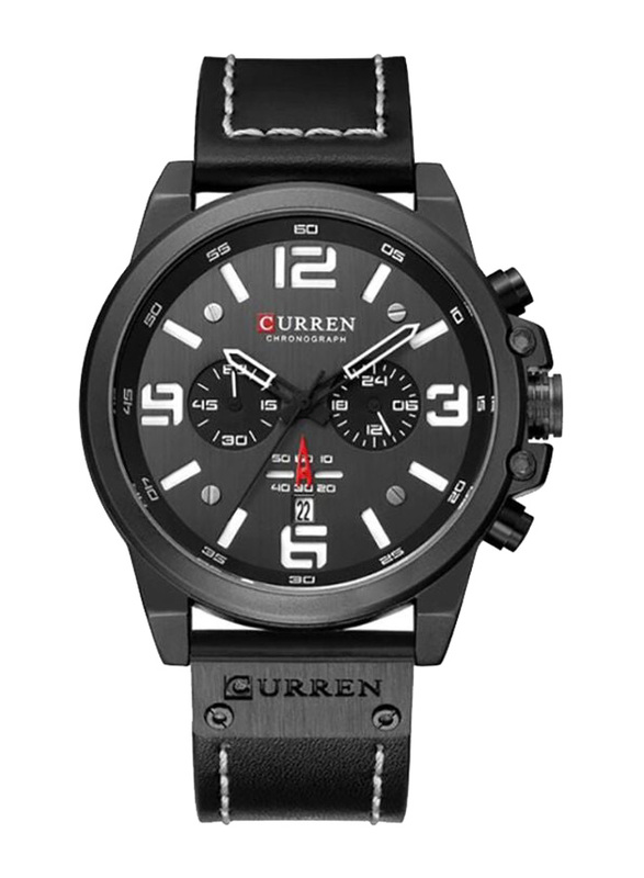 Curren Analog Watch for Men with Leather Band, Water Resistant & Chronograph, WT-CU-8314-B, Black