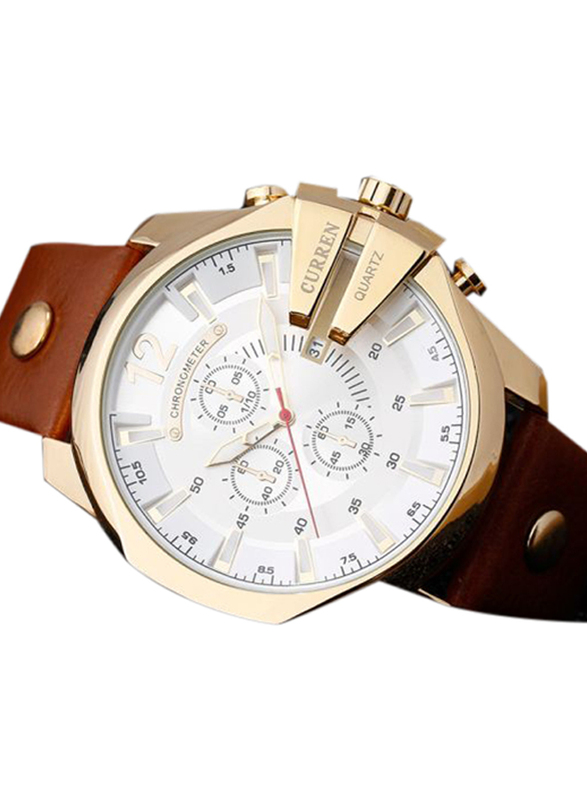 Curren Analog Watch for Men with Leather Band, Chronograph, 8176, Brown-White