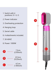 5-in-1 Hair Dryer Hot Air Brush Styler Negative Iron Hair Straightener Volumizer Hair Curler, Grey/Pink