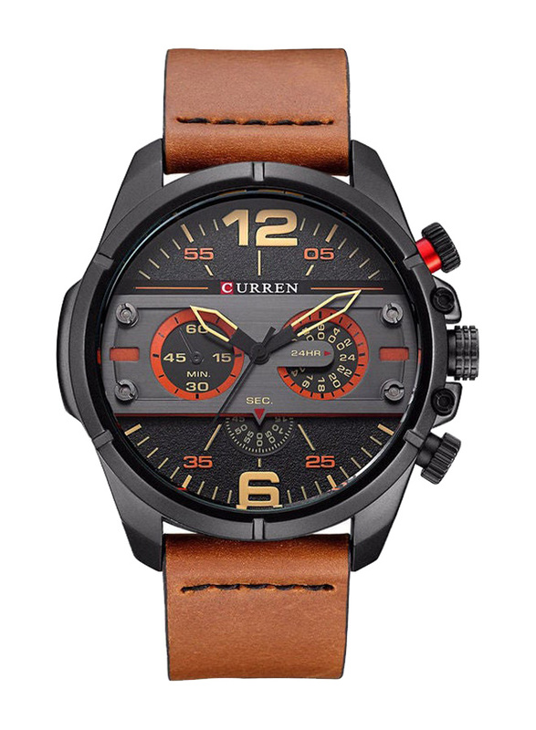 Curren Analog Watch for Men with Leather Band, Chronograph, J3748BBR-KM, Brown-Black
