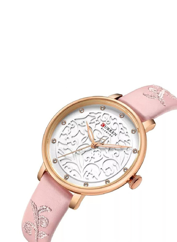 Curren Analog Watch for Women with Leather Band, Water Resistant, Cur201, Pink-White