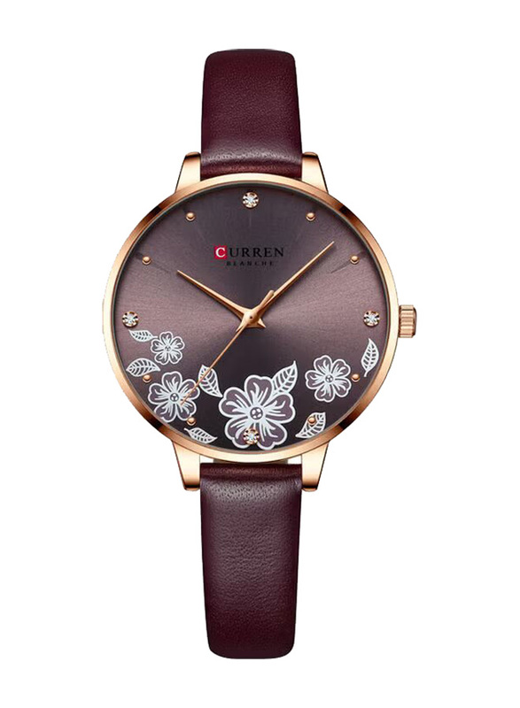 Curren Analog Watch for Women with Leather Band, Water Resistant, J-4896BU, Burgundy/Burgundy