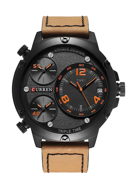 Curren Analog Watch for Men with Leather Band, Water Resistant and Chronograph, WT-CU-8262-O2, Brown-Black