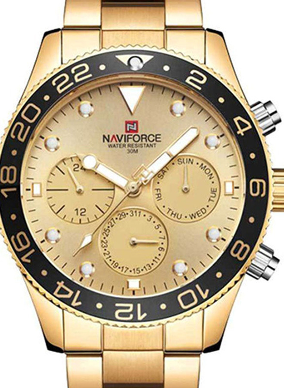 Naviforce Analog Wrist Watch for Men with Stainless Steel Band, Water Resistant, NF9147, Gold-Gold/Black