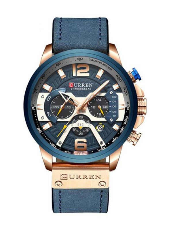 Curren Analog Watch for Men with Leather Band, Water Resistant and Chronograph, 8329, Blue