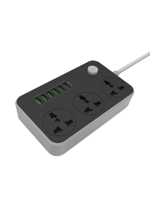 XiuWoo Power Strips Extension Lead with 6 USB Ports 3 Way Universal Power Socket Outlets, Black/Grey