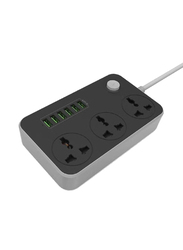 XiuWoo Power Strips Extension Lead with 6 USB Ports 3 Way Universal Power Socket Outlets, Black/Grey