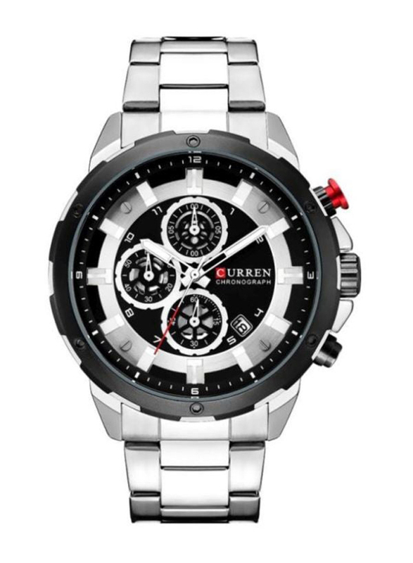 Curren Analog Watch for Men with Stainless Steel Band, Water Resistant and Chronograph, 8323, Silver-Black/Silver