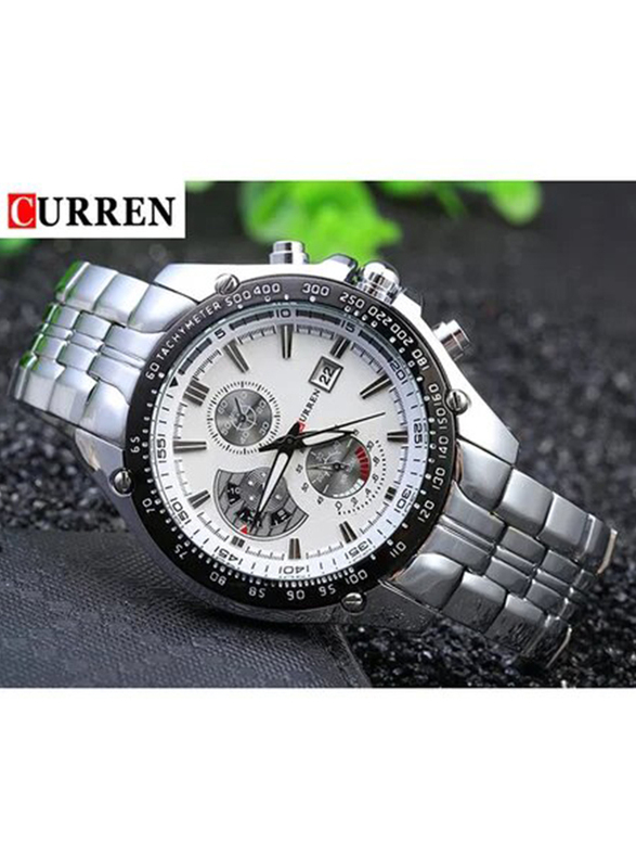 Curren Analog Watch for Men with Stainless Steel Band, Chronograph, 13, Silver/Black