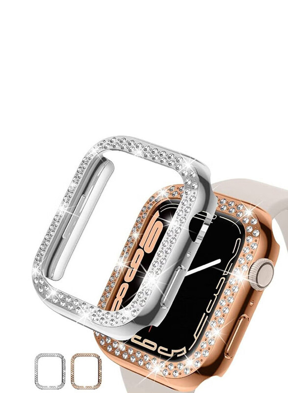 

Generic Protective PC Bling Cover Diamond Case Crystal Frame Case Cover For Apple iWatch Series 7 45mm, Silver/Rose Gold