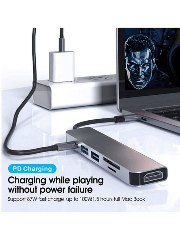 Type C 6 in 1 Adapter Hub Portable Dongle Usb C Multiport With 4k Hdmi Usb2.0 Usb3.0 Ports Sd/tf Card Reader, Silver