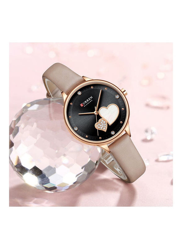 Curren Stone Studded Analog Watch for Women with Leather Band, J-4781B, Pink-Black