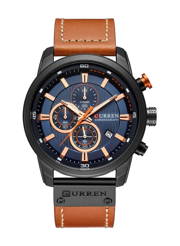 Curren Analog Watch for Men with Leather Band, Water Resistant and Chronograph, 8291, Brown-Blue