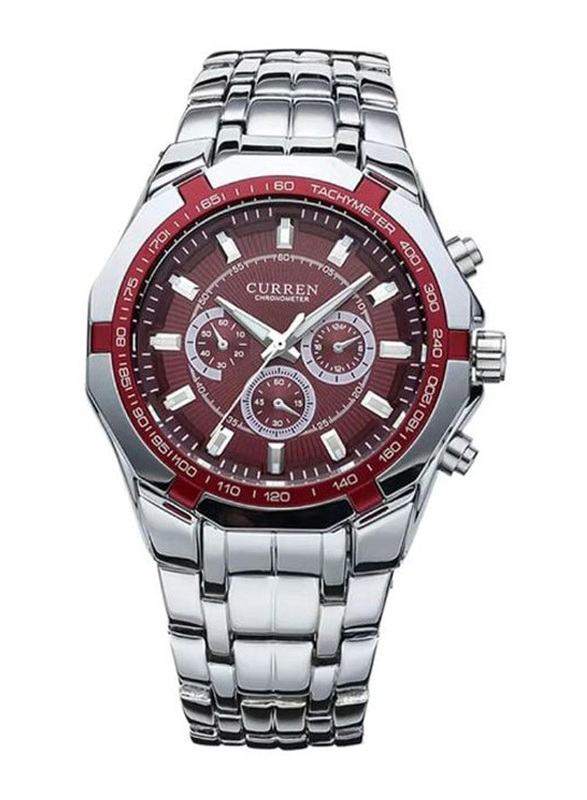 Curren Analog Watch for Men with Stainless Steel Band, Chronograph, 8084, Maroon/Silver
