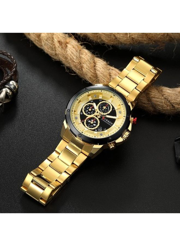 Curren Analog Watch for Men with Stainless Steel Band, Water Resistant and Chronograph, 8323, Gold-Multicolour