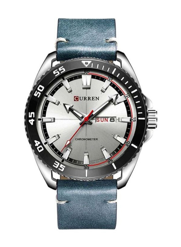 

Curren 44mm Analog Wrist Watch for Men with Leather Strap, Water Resistant, M-8272-1, Blue-Silver