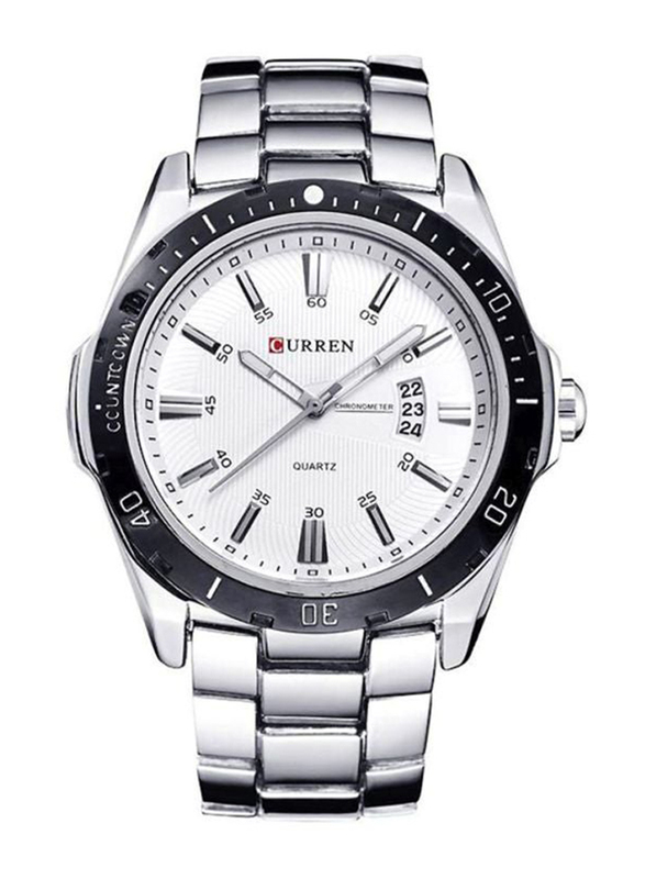Curren Analog Watch for Men with Stainless Steel Band, Water Resistant, 8110, Silver-White