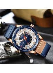 Curren 48mm Quartz Wrist Watch for Men with Leather Strap, Water Resistant, WT-CU-8224-GR, Blue-White/Blue