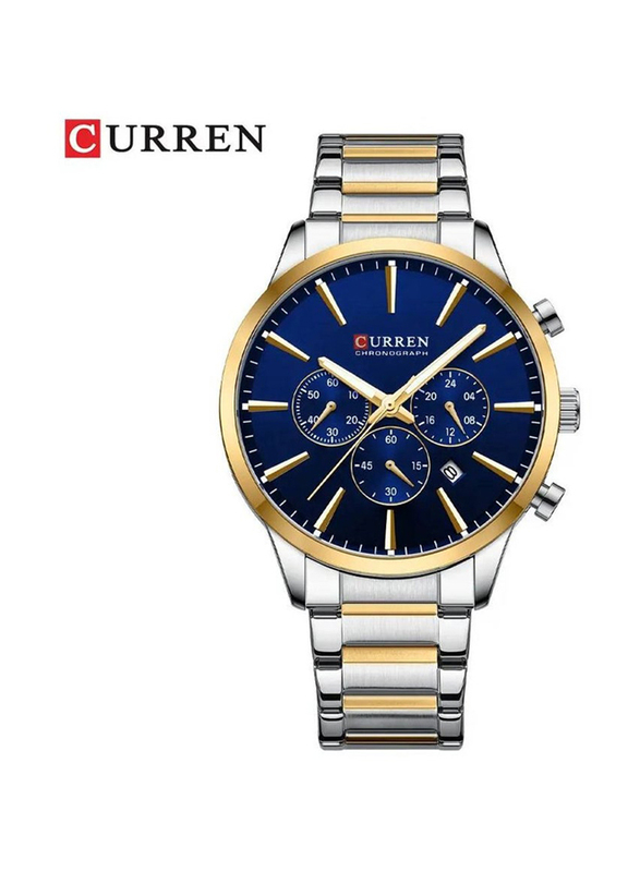 Curren Analog Watch for Men with Stainless Steel Band, Water Resistant and Chronograph, 8435, Silver/Gold-Blue