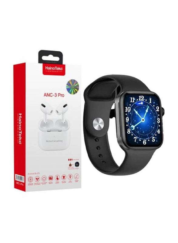 Haino Teko Germany 2-in-1 ANC-3 Pro Wireless Bluetooth In-Ear Earphones with Modio MW07 Smartwatch, White/Black