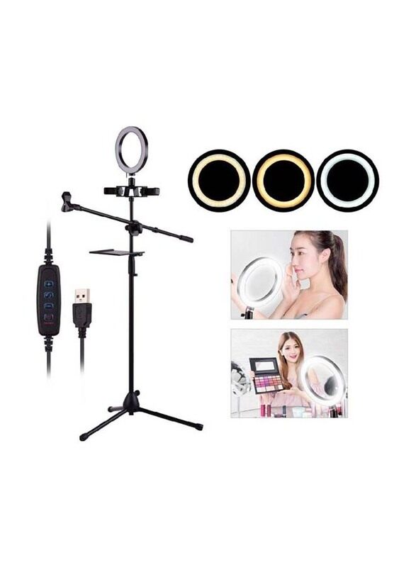 

Xiuwoo LED Ring Light Kit with Metal Tripod Stand Microphone Boom Arm Mic Clip Dual Phone Holder, Black