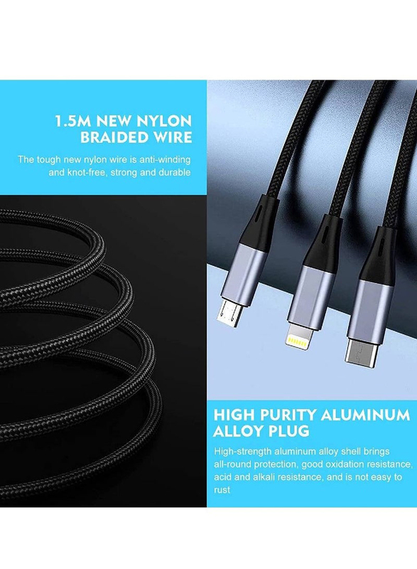 3-in-1 USB Nylon Braided Unbreakable Charger Cable, USB-C/Micro-USB/Lightning Male to USB Type A Male, Black Blue
