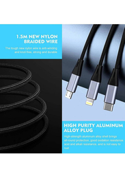 3-in-1 USB Nylon Braided Unbreakable Charger Cable, USB-C/Micro-USB/Lightning Male to USB Type A Male, Black Blue