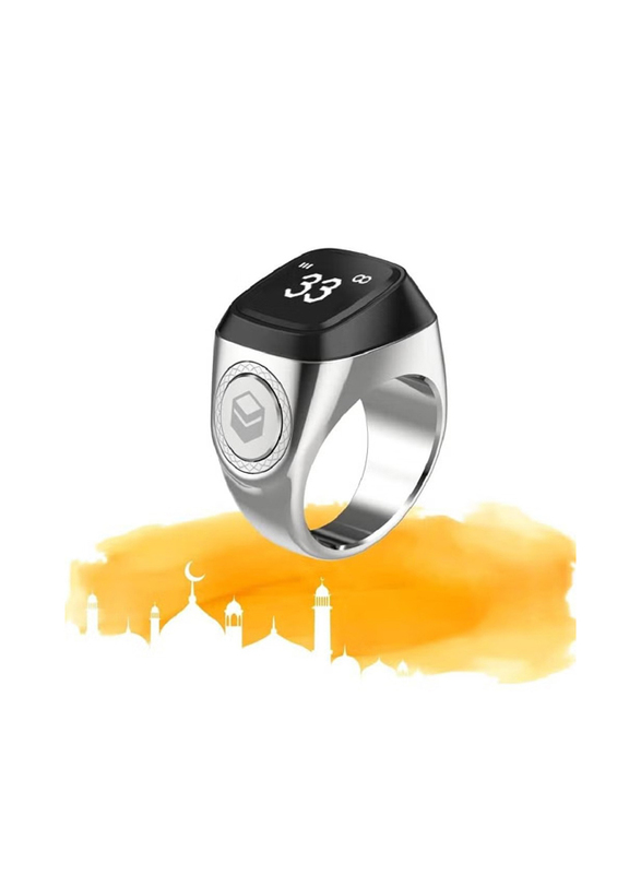 Digital Zikr Tasbih Prayer Reminder with OLED Display Bluetooth Smart Ring, 18mm, Silver
