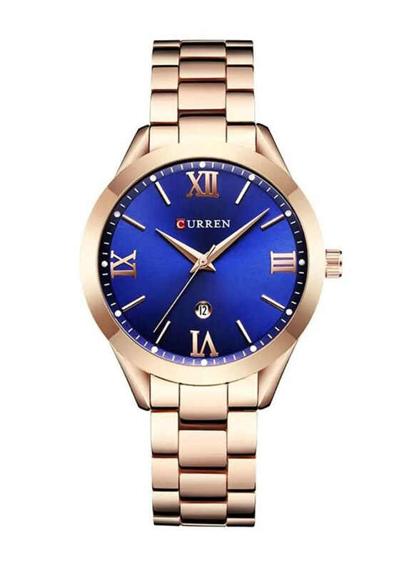 

Curren Analog Watch for Women with Stainless Steel Band, Water Resistant, Rose Gold-Blue