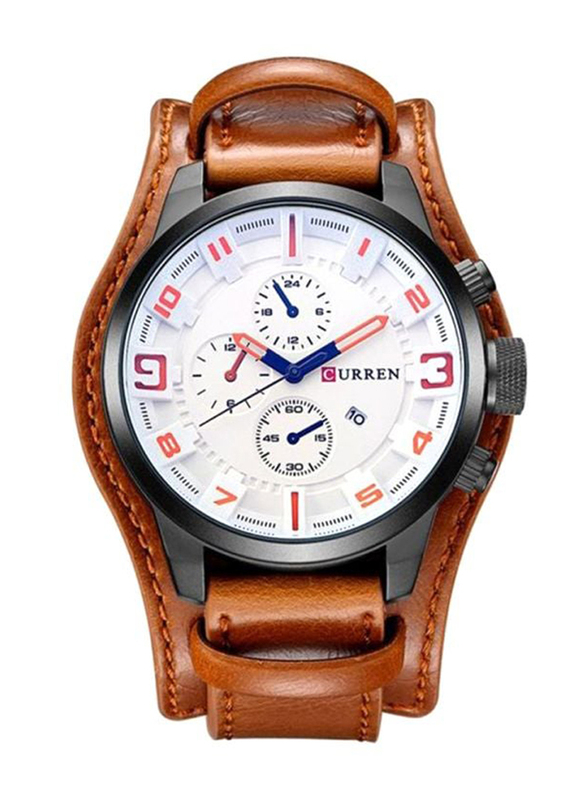 Curren Analog Unisex Watch with Leather Band, Chronograph, 1855W-L, Brown-White