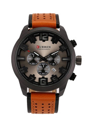 Curren Analog Watch for Men with Leather Band, Water Resistant & Chronograph, WT-CU-8289-GY, Brown-Black