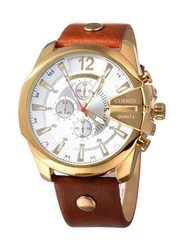 Curren Analog Wrist Watch for Men with Leather Strap, Water Resistant, WT-CU-8176-GO, Brown-White