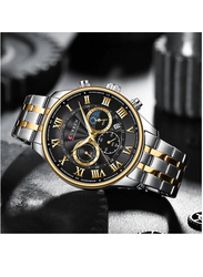 Curren Fashion Casual Quartz Analog Watch for Men with Alloy Band, Water Resistant and Chronograph, Silver/Gold-Black