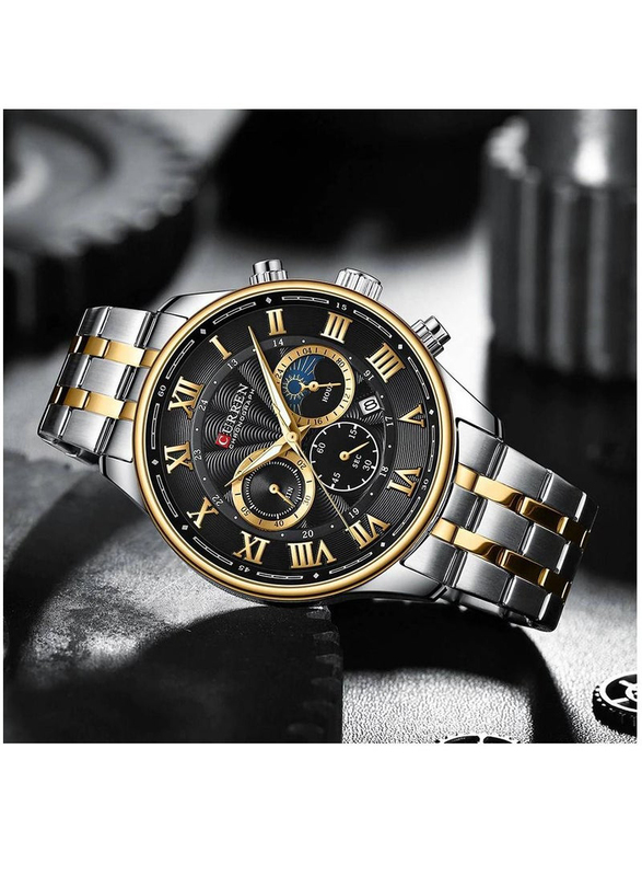 Curren Analog Watch for Men with Stainless Steel Band for Men, Water Resistant and Chronograph, Silver/Gold-Black
